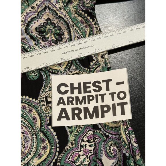 Catherines Womens 2X Long Sleeve Paisley Shift Dress Green Purple Liquid Knit - Picture 7 of 8